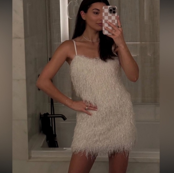 NWT ZARA WHITE FRINGED MINI DRESS WITH METALLIC THREAD - Picture 7 of 12